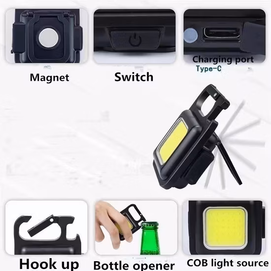 Mini linterna LED de 1500lm, luz de trabajo, linterna portátil de bolsillo, llaveros, recargable por USB para acampar al aire libre, sacacorchos pequeño